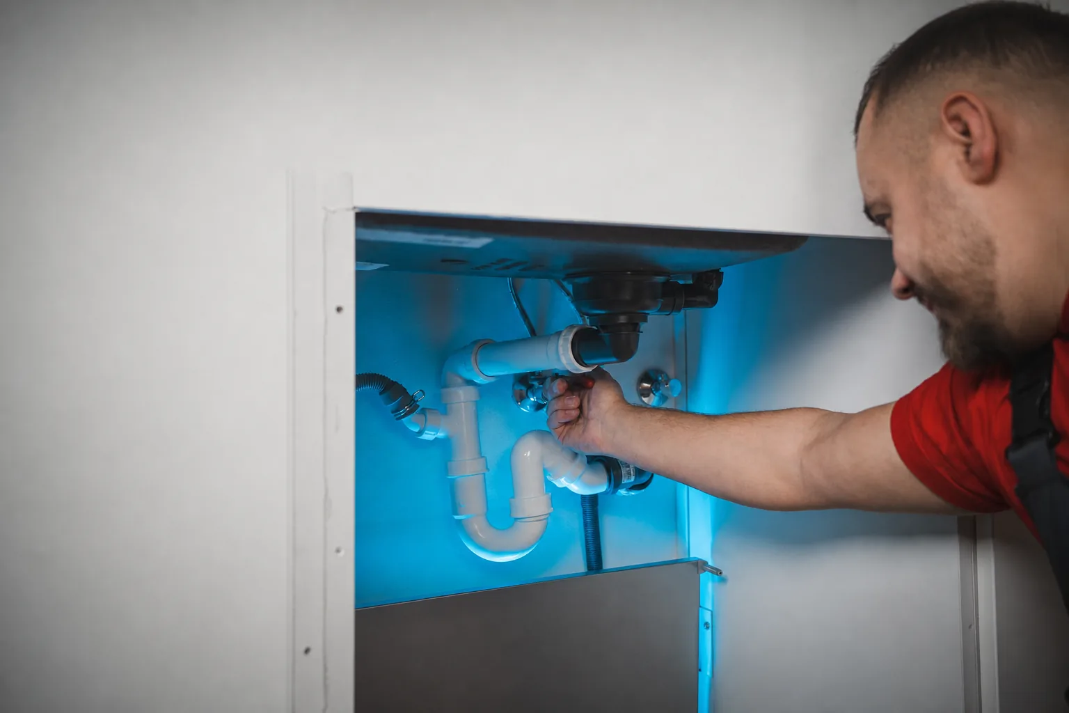 Plumber working on a pipe in the wall