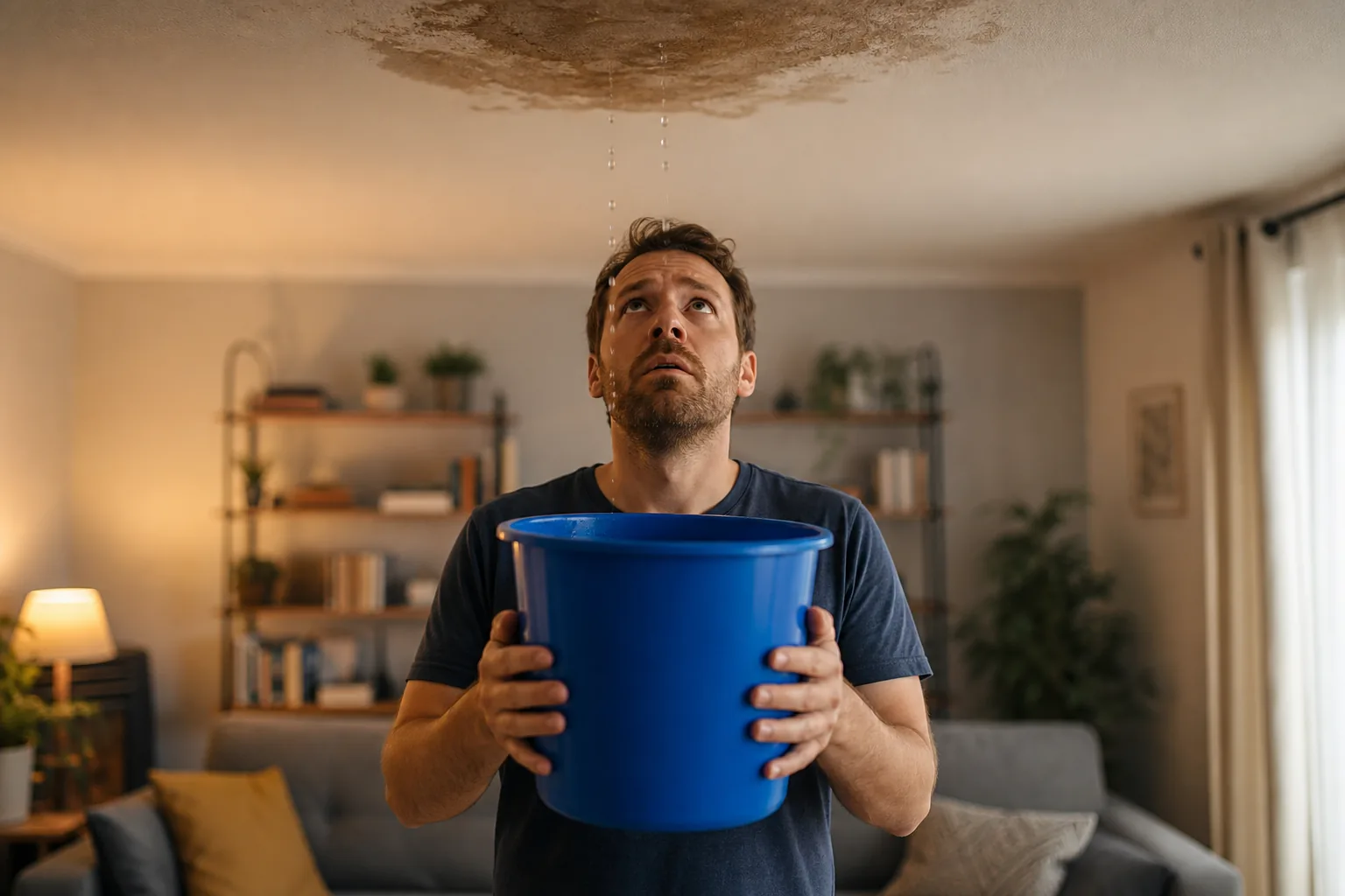 Homeowners catching a ceiling leak in a bucket — the moment you call us