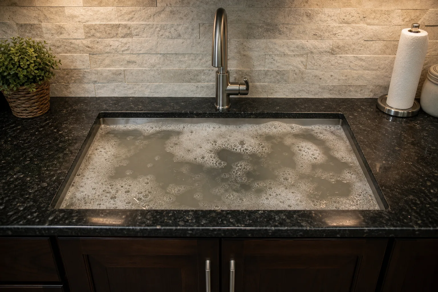 Stainless sink filled with backed-up dirty water — drain clog